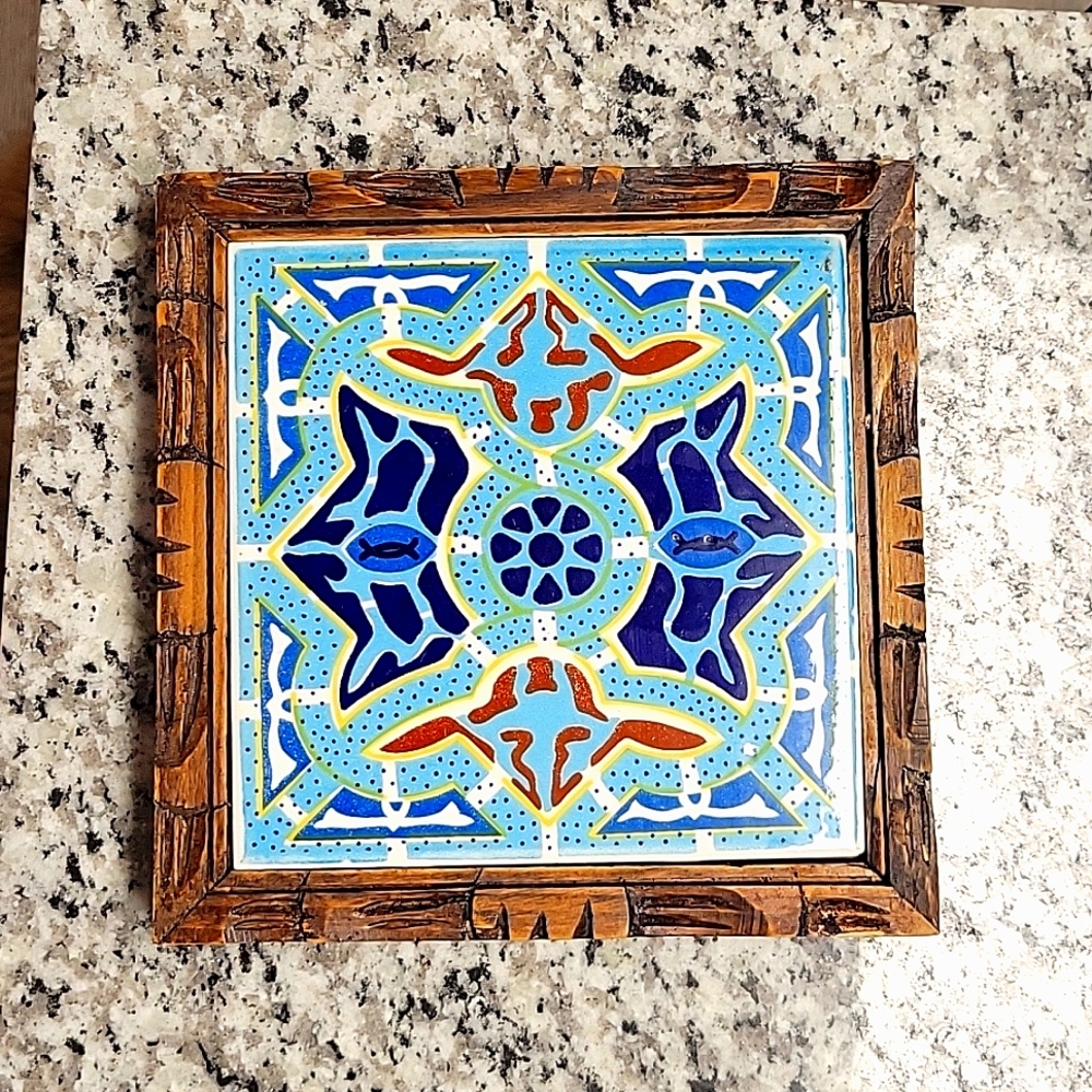 Vintage Mexican Tile Trivet - Blue Abstract Geometric Pattern
